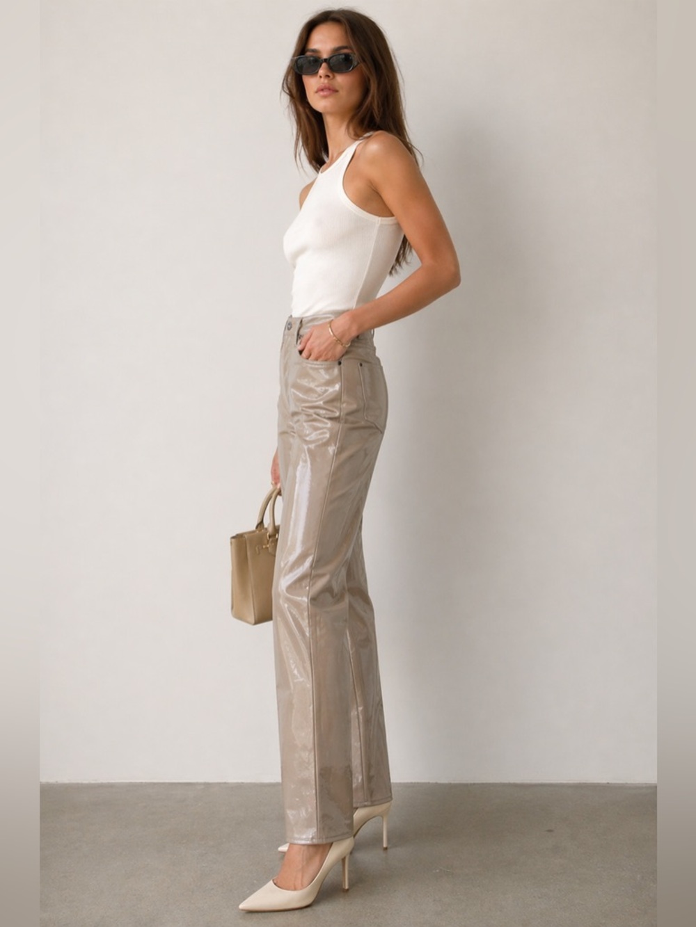 AGOLDE 90s Pinch Waist Recycled Leather Pants Taupe Patent High Rise 28 - Picture 11 of 11